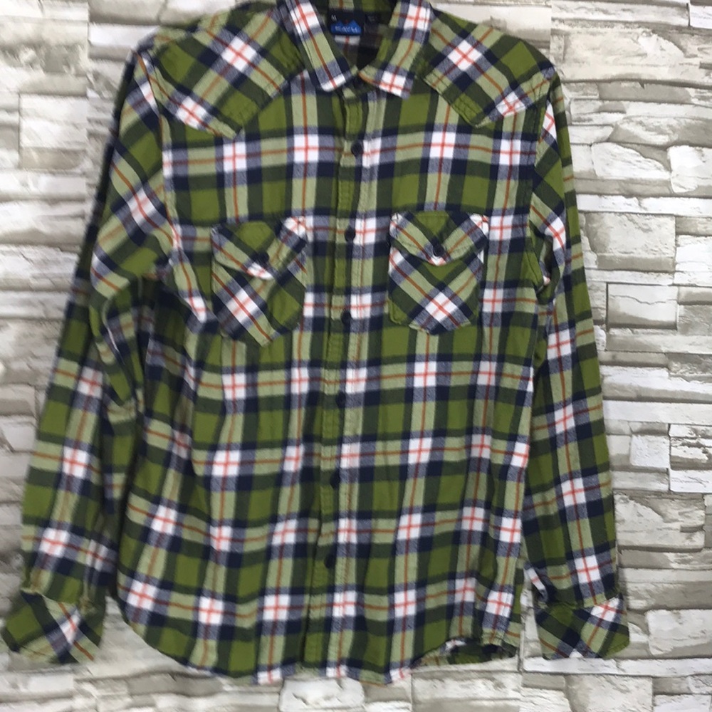 Kavu men’s medium green orange plaid button down